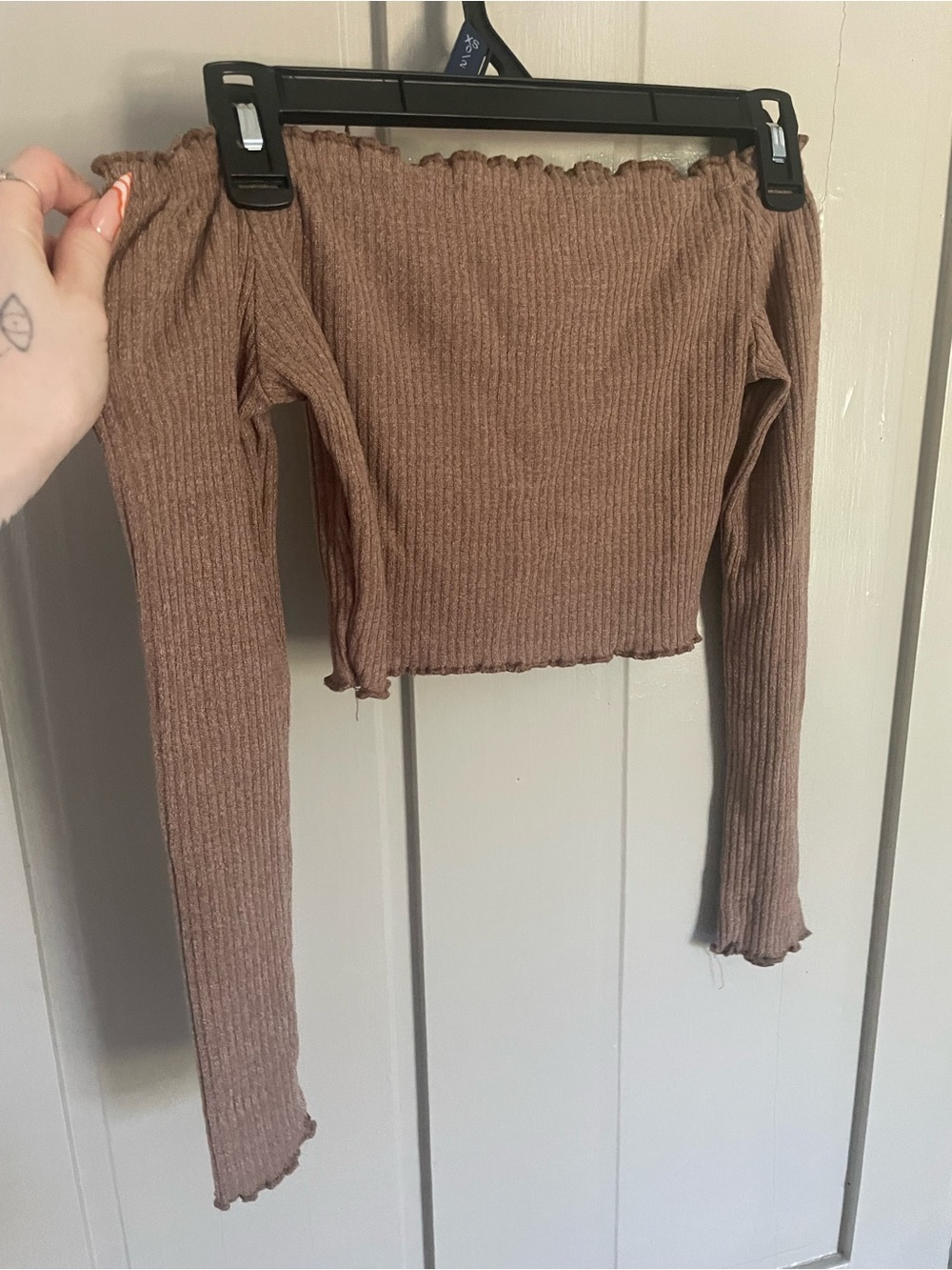 SHEIN Brown Beige Off-Shoulder Ribbed Crop Top Body-con Sexy Summer Longsleeve - Picture 11 of 12